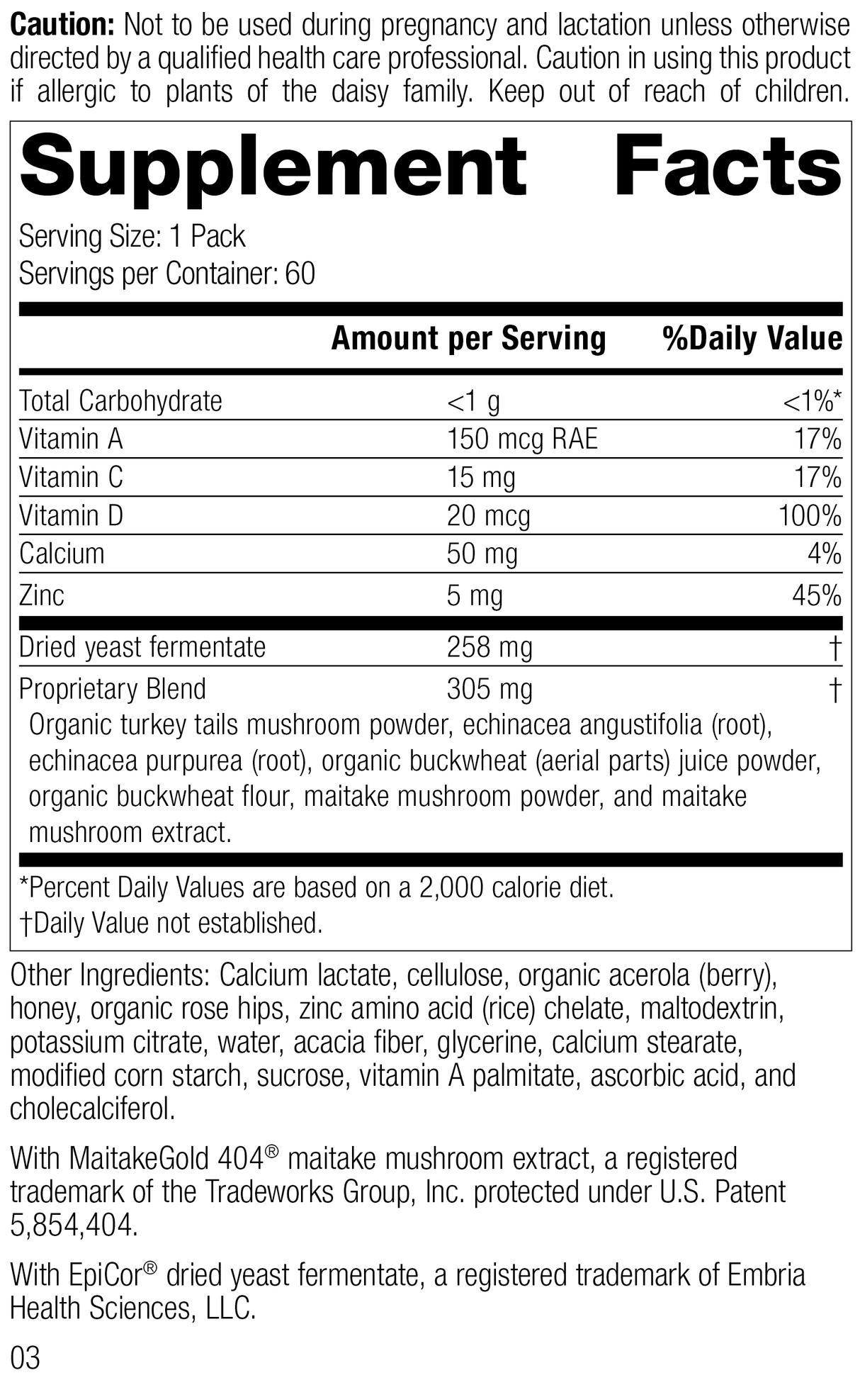 Vegetarian Immune System Health Pack Rev 02 Supplement Facts