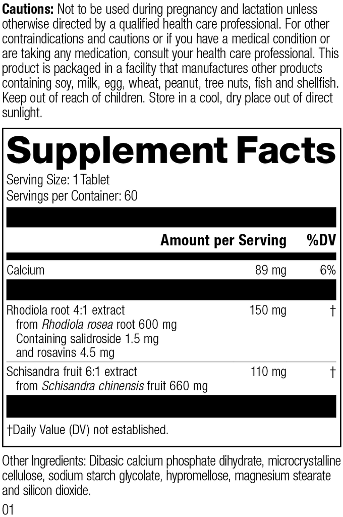 L1800 Rhodiola Schisandra R01 Supplement Facts Label
