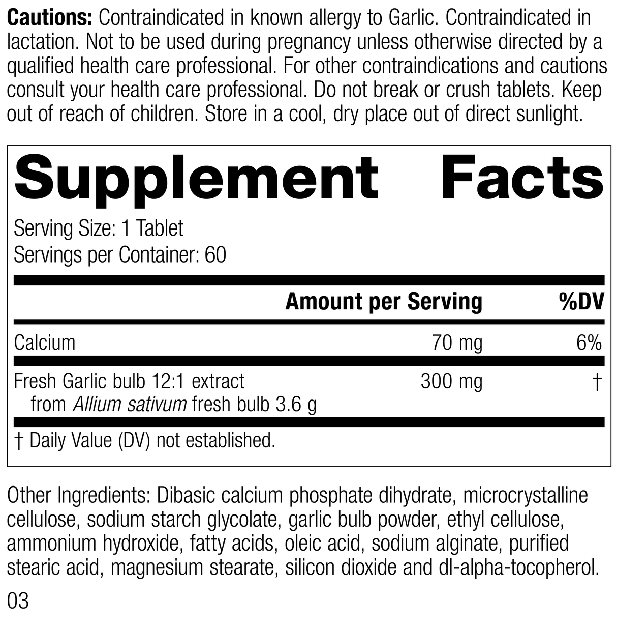 Garlic Forte, 60 Tablets, Rev 03 Supplement Facts